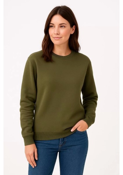 Kadın Üç Iplik Düz Bisiklet Yaka Sweatshirt - Haki