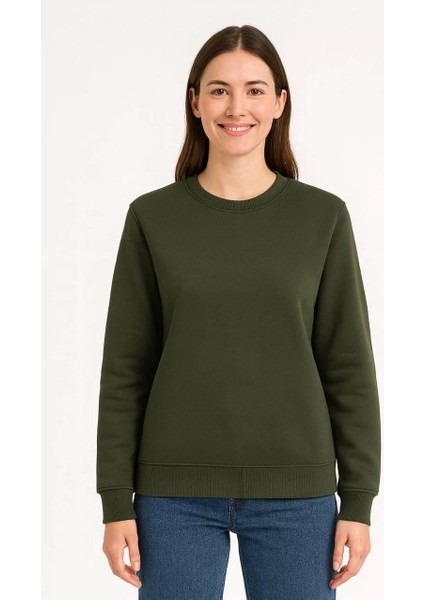 Kadın Üç Iplik Düz Bisiklet Yaka Sweatshirt - Haki fiyatları