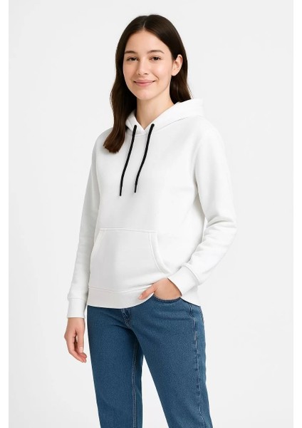 Kadın Üç Iplik Kapüşonlu Kanguru Çepli Sweatshirt Hoodie - Beyaz modelleri