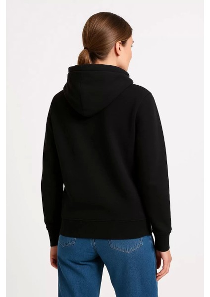 Kadın Üç Iplik Kapüşonlu Kanguru Çepli Sweatshirt Hoodie - Siyah fiyatları
