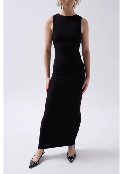 Halter Yaka Maxi Günlük Siyah Elbise modelleri
