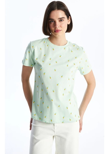 Xsıde Bisiklet Yaka Baskılı Kısa Kollu Kadın Tişört