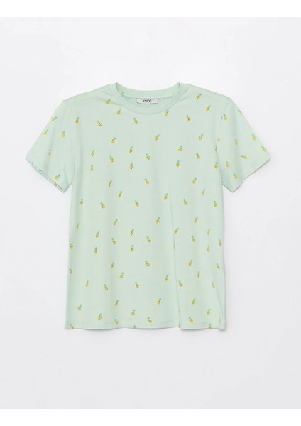 Xsıde Bisiklet Yaka Baskılı Kısa Kollu Kadın Tişört