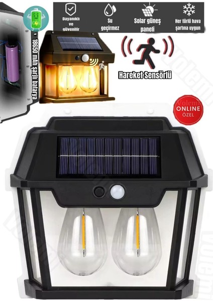 Güneş Enerjili Hareket Sensörlü LED Lamba, 2 Ampul, 28W, Sarı Renk
