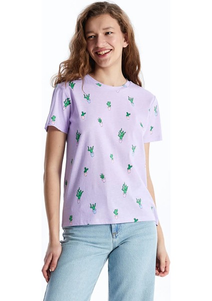 Xsıde Bisiklet Yaka Baskılı Kısa Kollu Kadın Tişört