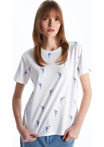 Xsıde Bisiklet Yaka Baskılı Kısa Kollu Kadın Tişört