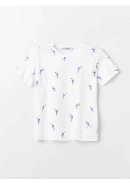 Xsıde Bisiklet Yaka Baskılı Kısa Kollu Kadın Tişört