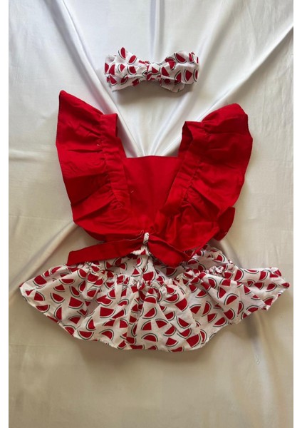 Kız Bebek Karpuz Desenli Salopet Bandana ve Keçeli Çorap 3'lü Set fiyatları