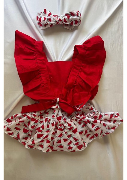 Kız Bebek Karpuz Desenli Salopet Bandana ve Keçeli Çorap 3'lü Set fırsatları