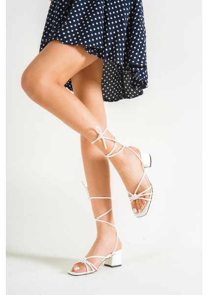 Bilekten Bağlamalı Ipli Yazlık Sandalet - Kadın Beyaz Topuklu Bağcıklı Günlük Rahat Sandalet Günlük fiyatları