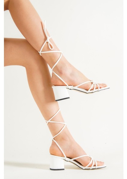 Bilekten Bağlamalı Ipli Yazlık Sandalet - Kadın Beyaz Topuklu Bağcıklı Günlük Rahat Sandalet Günlük modelleri