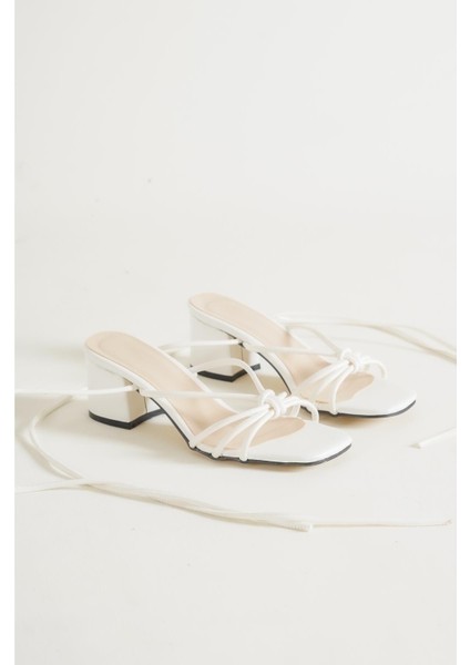 Bilekten Bağlamalı Ipli Yazlık Sandalet - Kadın Beyaz Topuklu Bağcıklı Günlük Rahat Sandalet Günlük fırsatları