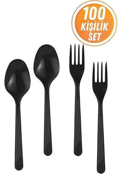 Lüks Sert 100 Adet Plastik Çatal ve 100 Adet Plastik Kaşık Seti Siyah