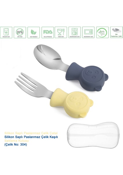 Sarı Lacivert Premium Çocuk Bpa Free Kaliteli Silikon Saplı Paslanmaz Çelik Uçlu Çatal-Kaşık