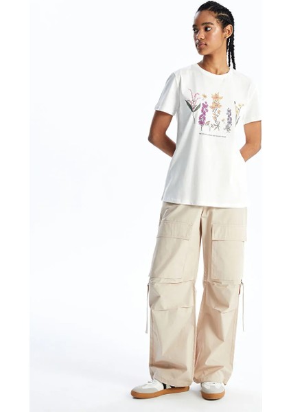 Xsıde Ekru Bisiklet Yaka Baskılı Kısa Kollu Kadın Tişört modelleri