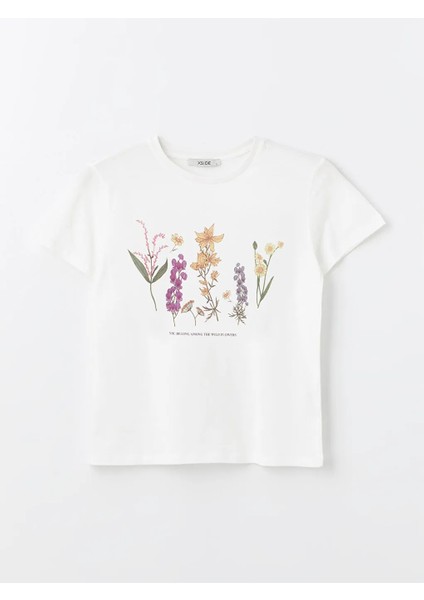 Xsıde Ekru Bisiklet Yaka Baskılı Kısa Kollu Kadın Tişört