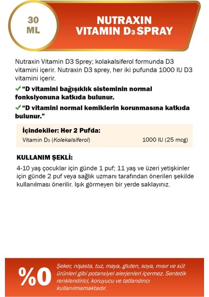 Nutraxin Vitamin D3 Sprey 1000 Iu 30 ml 2 Adet fiyatları