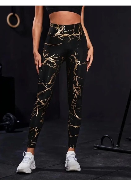 Kadın Yüksek Bel Desenli Siyah Spor Tayt fiyatları