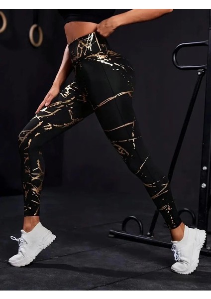 Kadın Yüksek Bel Desenli Siyah Spor Tayt fırsatları