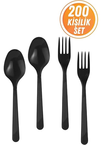 Lüks Sert 200 Adet Plastik Çatal ve 200 Adet Plastik Kaşık Seti Siyah