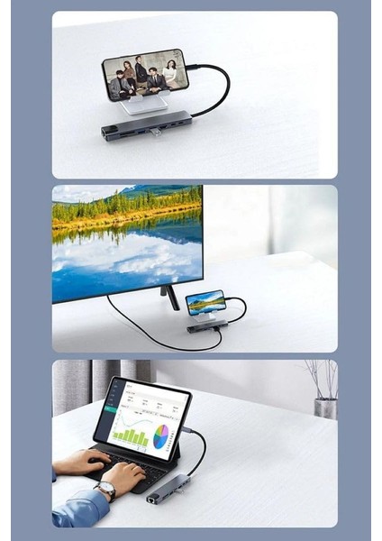 Macbook Uyumlu 8in1, Type-C™ To 4K HDMI Tv Projeksiyon UHD 1080P 2* Type-C 2* USB Sd/tf RJ45 Ethernet Lan 8ın1 Çevirici Gümüş renk