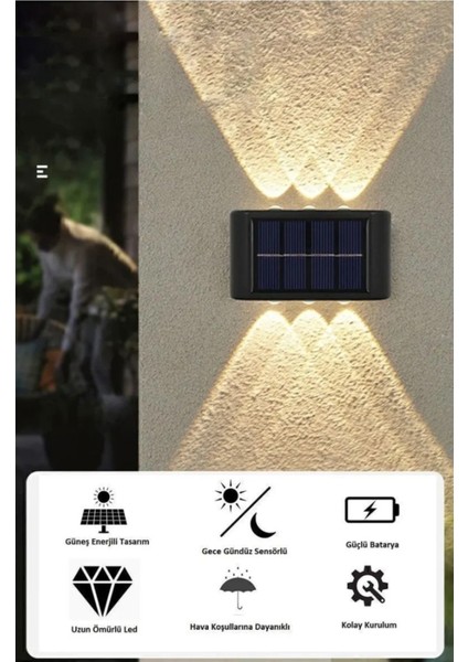 Iki Adet Modern Güneş Enerjili Çift Taraflı LED Duvar Lambası, Gün Işığı Renkli