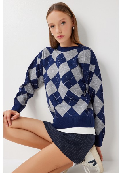 Baklava Desenli Triko Kazak LMU0003 Lacivert Gri