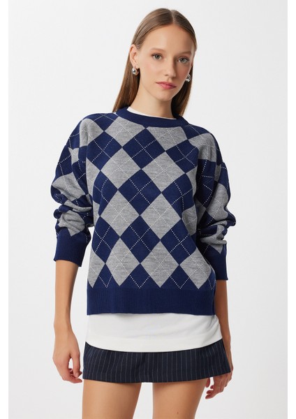 Baklava Desenli Triko Kazak LMU0003 Lacivert Gri modelleri