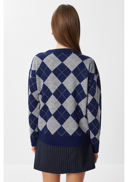 Baklava Desenli Triko Kazak LMU0003 Lacivert Gri fırsatları