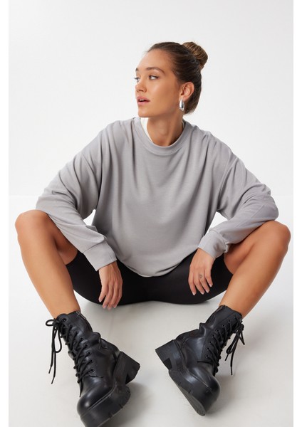 Basic Mevsimlik Modal Sweatshirt LEN0026 Taş Grisi