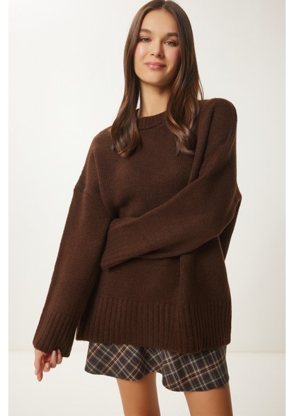 Yumuşak Dokulu Oversize Triko Kazak LPF0063 Kahverengi modelleri