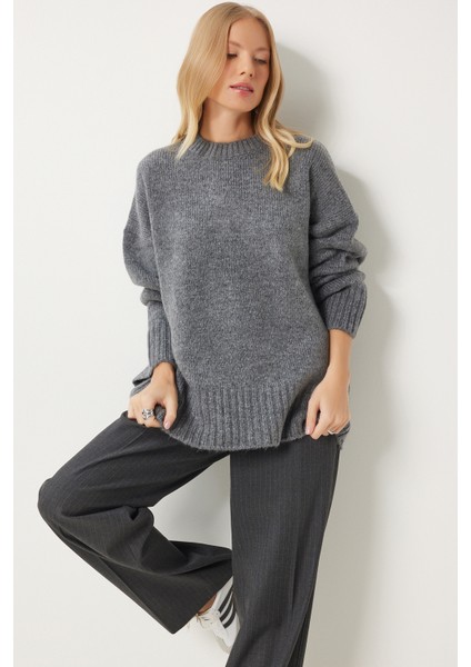 Yumuşak Dokulu Oversize Triko Kazak LPF0063 Antrasit