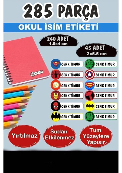 Okul Etiketi Kalem Defter Etiketi Özel Isimli Etiket Avengers-Yenilmezler 12 Figür 285 Adet