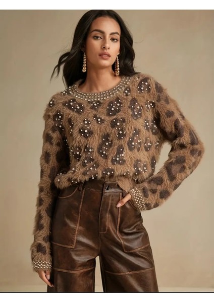 Kadın Leopar Desenli Incili Kürklü Triko Kazak fiyatları