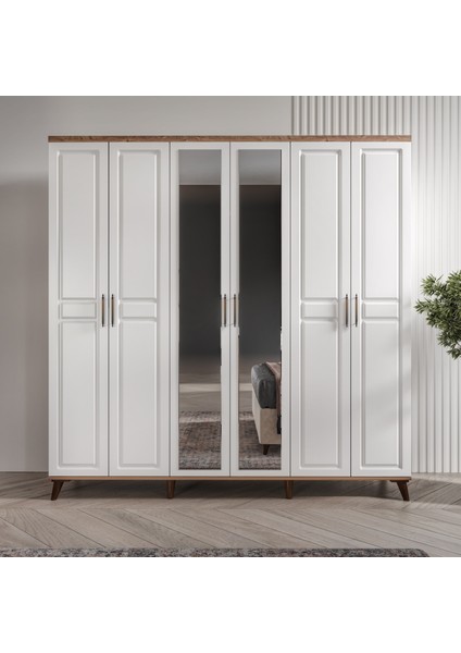 Atlantik Çam-Beyaz 6 Kapaklı Aynalı Mdf Gardırop - Genç Odası -Giysi Dolabı fiyatları