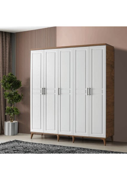 Atlantik Çam-Beyaz 5 Kapaklı Mdf Gardırop - Genç Odası -Giysi Dolabı