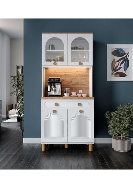2 Kapaklı Kahve Köşesi – 93 cm Mdf, LED Aydınlatmalı, Çok Amaçlı Mutfak ve Airfryer Dolabı ( Ofis ve Ev Için Uygun