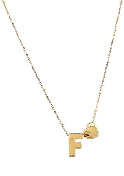 - 14 Ayar F Harfli Kalpli Hayalet Zincir Altın Kolye