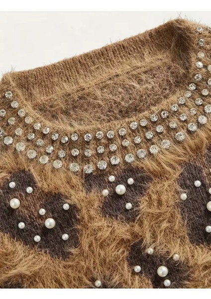 Kadın Leopar Desenli Incili Kürklü Triko Kazak indirimleri