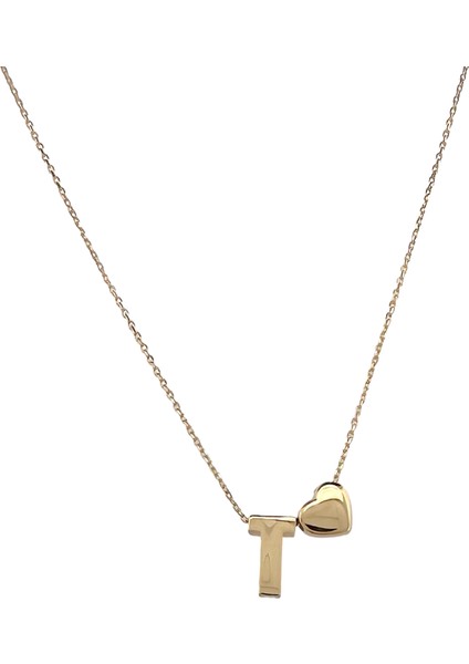 - 14 Ayar T Harfli Kalpli Hayalet Zincir Altın Kolye