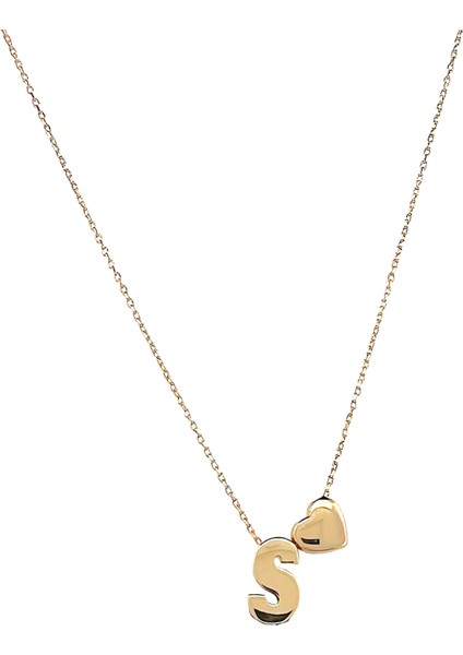 - 14 Ayar S Harfli Kalpli Hayalet Zincir Altın Kolye