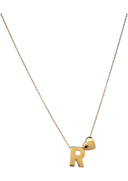 - 14 Ayar R Harfli Kalpli Hayalet Zincir Altın Kolye