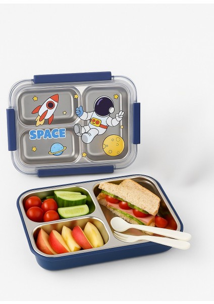 Mavi Çocuk Beslenme Kabı – Bölmeli Lunchbox - Içi Çelik - Vakumlu - 3 Bölmeli
