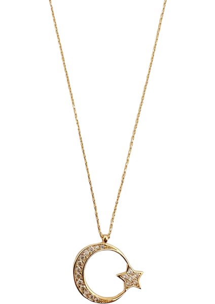 - 14 Ayar Altın Taşlı Ay Yıldız Kolye