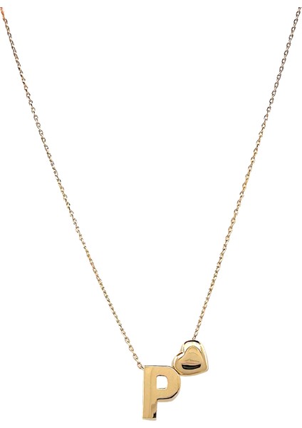 - 14 Ayar P Harfli Kalpli Hayalet Zincir Altın Kolye