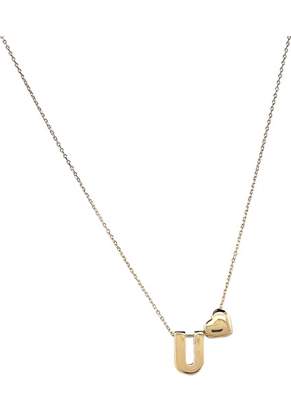 - 14 Ayar U Harfli Kalpli Hayalet Zincir Altın Kolye