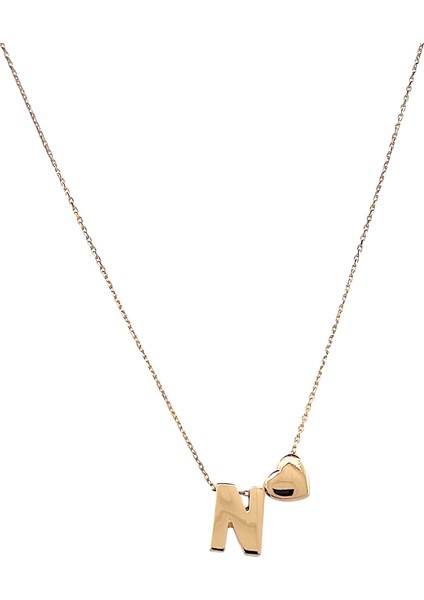 - 14 Ayar N Harfli Kalpli Hayalet Zincir Altın Kolye