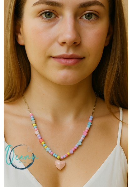 Özel Tasarım Renkli Sedef Çelik Kolye Kuvars Kalpli