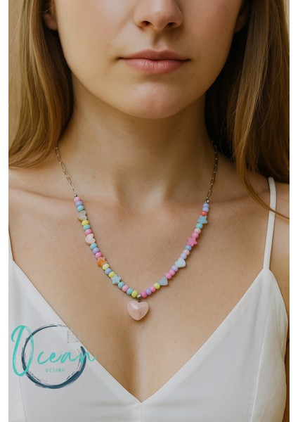 Özel Tasarım Renkli Sedef Çelik Kolye Kuvars Kalpli fiyatları