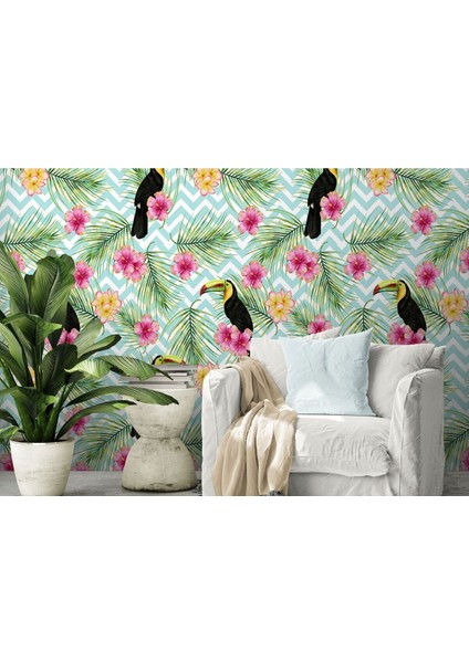 Koleksiyon 01 Tropikal Papağanlar Çiçekli Ağaç Yaprakları Duvar KAĞIDI-5570 fırsatları